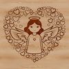 A stylized illustration of a winged angel holding a love heart in its hand.