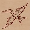 A prehistoric Pteranodon spreads its wings in flight over a desert landscape.