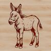 A standing animal with long ears, a grey coat, and a distinctive bray.