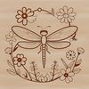 A colorful dragonfly in flight, surrounded by stylized floral patterns and shapes.