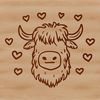 Whimsical Highland Cow SVG Clip Art for Digital Design Highland cow illustration with heart accents on its head, suitable for digital design and crafts.