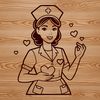 Female nurse depicted with heart symbols, emphasizing care and compassion.