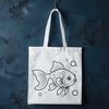 A stylized illustration of a goldfish in various colors.