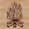 A burning camp fire in the outdoors with flames rising into the air.