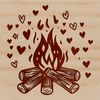 Romantic Camp Fire Scene A romantic camp fire scene with love hearts and flames burning in the night.