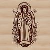 A traditional illustration of the Virgin Mary, ornate floral patterns adorning her robes.