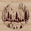 Lush Woodland Landscape Vector Graphic An intricately designed vector graphic of a wooded area featuring multiple tree types and natural elements.