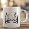 A detailed vector illustration of a lush forest landscape with tall trees and foliage.