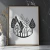 Beautiful Woodland Scene SVG A digital illustration of a forest landscape with various types of trees and foliage.
