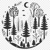 An intricate vector design featuring a collection of trees in a dense forest setting.