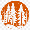 Illustrated forest landscape with trees, foliage, and scenic views, suitable for vector art designs.