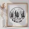 A detailed illustration of a dense forest with multiple trees in various stages of growth.