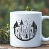 A detailed illustration of a forest landscape with multiple trees in various shapes and sizes.