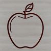 A simple illustration of a red apple with green leaves.