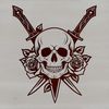 Gothic Skull Silhouette with Floral Pattern A stylized Gothic-style skull with a dagger lodged in its forehead, surrounded by a floral pattern resembling a rose.