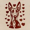 A detailed illustration of a Great Dane's head with heart motifs surrounding it.