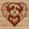 A vector illustration of a Havanese dog's head featuring heart patterns around it.