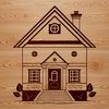 A 2D representation of a residential building with multiple rooms and a roof.