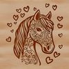 A stylized illustration of a horse with heart symbols integrated into the design.