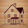 A simple 2D illustration of a traditional house with a front door, windows, and roof.