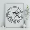 Whimsical Flower Bird An elegant digital depiction of a hummingbird in flight among blooming flowers.