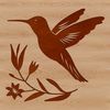 A small, iridescent hummingbird in flight, surrounded by a floral pattern.