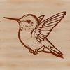 A small, iridescent bird with a long beak and wings in mid-flight, rendered as a vector graphic.
