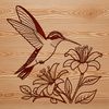 A colorful illustration of a hummingbird surrounded by flowers in a garden setting.