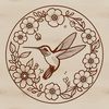 A detailed vector design featuring a hummingbird in flight surrounded by flowers.