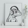 Colorful Lizard in Headphones SVG A colorful illustration of a lizard wearing headphones, designed as vector art for various digital applications.