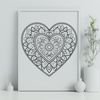 Mandalas with Love Mandala heart design with intricate patterns and shapes in a digital vector format.