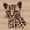 Close-up image of a wild ocelot's head with distinctive markings, suitable for vector art and design projects.