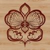A stylized illustration of a tropical orchid plant with delicate petals and stems.