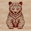 A stylized illustration of a bear sitting in a serene environment with intricate details.