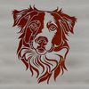 A breed-specific illustration of a happy Australian Shepherd dog with its head held high.