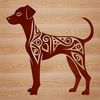 A detailed illustration of a standing Doberman Pinscher breed dog with ornate details.