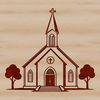 A 2D illustration of a traditional Baptist church building with a steeple and entrance.