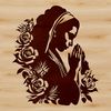 A detailed illustration of the Virgin Mary surrounded by ornate floral patterns, suitable for various uses.