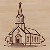 A simple Baptist church building with a steepled roof and cross, designed as a vector graphic.