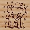 Illustrated elephant standing on a grassland with love hearts surrounding its body, suitable for vector design.