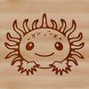 A stylized illustration of a salamander with feathery gills on its head.