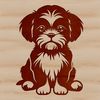 A small breed dog sitting on its haunches, with a calm expression.
