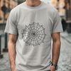 Close-up illustration of a delicate spider web made from intricately connected lines and shapes.