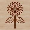 Whimsical Garden Emblem An illustration of a single sunflower in bloom, featuring a bright yellow flower head and green stem.