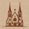 A detailed illustration of a church exterior with architectural features.