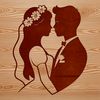 Happy Couple Clip Art Design A young bride and groom standing together, holding hands and smiling, surrounded by floral decorations.