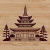 A stylized illustration of a traditional Buddhist temple architecture with intricate details and ornate design elements.