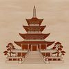 A stylized representation of a traditional Buddhist temple with intricate details and ornaments.