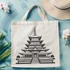 Eastern Architectural Iconography A stylized representation of a traditional Buddhist temple with intricate design elements.