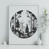 A vector design of a forest scene featuring tall trees and lush greenery in a detailed, editable format.